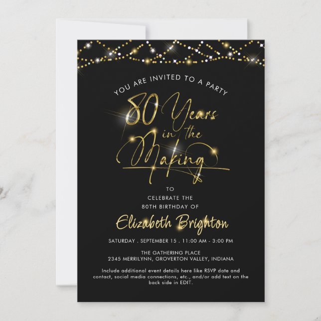 Invitation Élégant 80e anniversaire Black Gold Lumières Scrip (Devant)