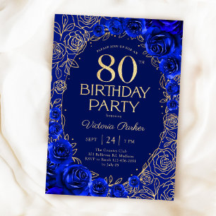 Invitation Élégant 80e Anniversaire Bleu Royal Or Floral