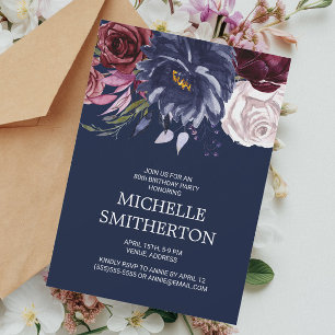 Invitation Élégant 80e anniversaire Burgundy Navy Blue Floral