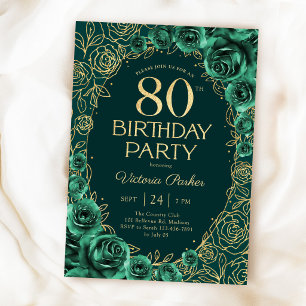 Invitation Élégant 80e anniversaire vert émeraude or floral