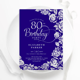 Invitation Elégant 80e anniversaire violet Roses d'argent