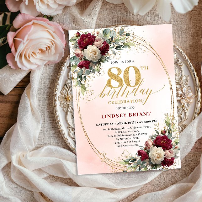 Invitation Elegant 80th Birthday Bohemian Floral Gold Invite (Elegant 80th Birthday Bohemian Floral Gold Invitation)