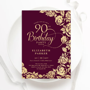Invitation Élégant 90e anniversaire Bourgogne Roses d'or