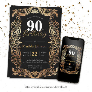 Invitation Elégant 90e Anniversaire Or Noir Vintage glamour