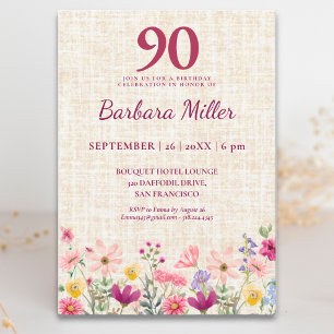Invitation Élégant 90e anniversaire pour elle - Fleurs en lin