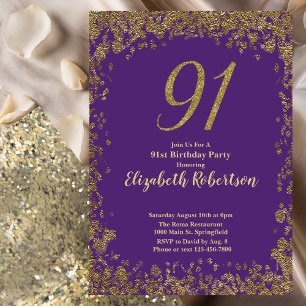 Invitation Élégant 91e Anniversaire Violet et Or