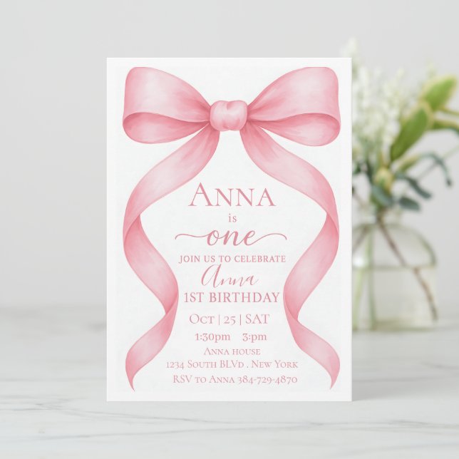 Invitation Elegant Adjustable Pink Bow First Birthday Invitat (Debout devant)