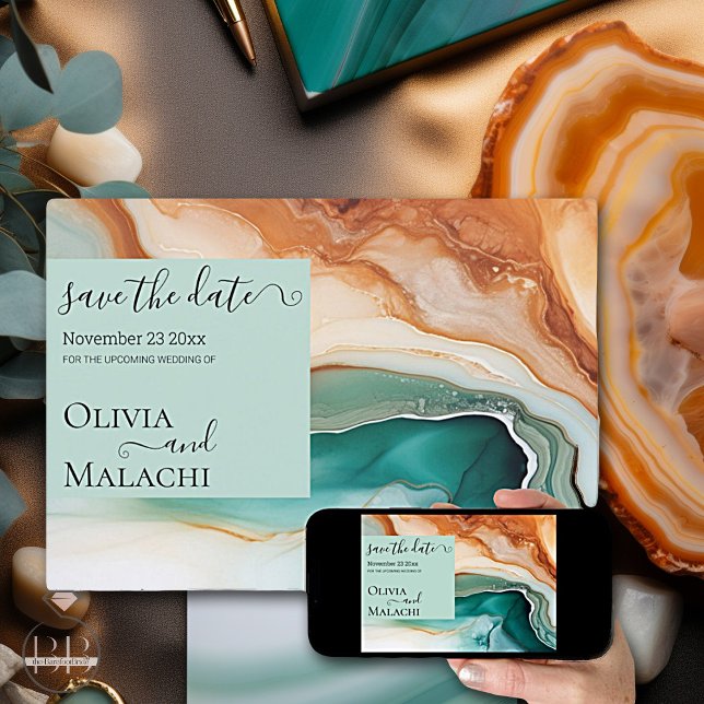 Invitation Élégant Agate Abstrait moderne Turquoise Terracott (Get this save the date as Printed and digital )