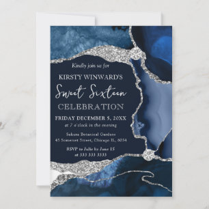 Invitation Élégant agate bleu marine et paillettes d'argent p
