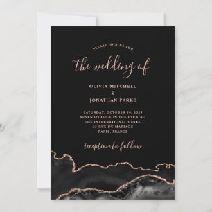 Invitation Élégant Agate noir et Or Rose Mariage foncé