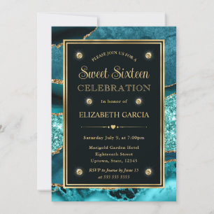 Invitation Elégant agate sarcelle et or paillettes Sweet Sixt