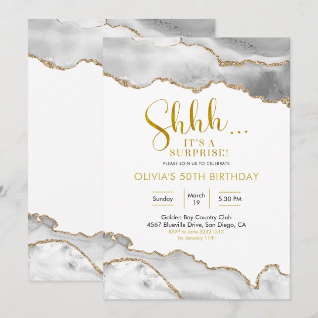 Invitation Elégant âge blanc et or Surprise Anniversaire (Devant / Derrière)