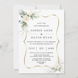 Invitation Elégant Airy Greenery Fleurs blanches Mariage or