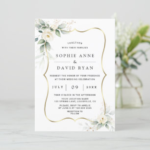 Invitation Elégant Airy Greenery Fleurs blanches Mariage or