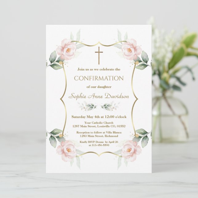 Invitation Elegant Airy Greenery Pink Floral Confirmation  (Debout devant)