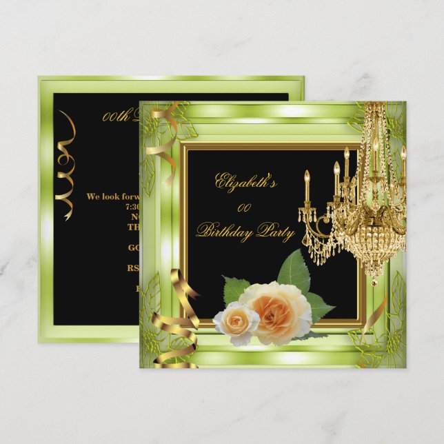 Invitation Élégant Ajouter l'âge Anniversaire Vert Roses or (Devant / Derrière)