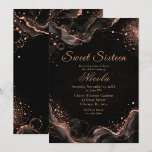Invitation Élégant alcool noir et or rose pour un Sweet Sixte