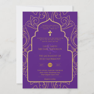 Invitation Élégant All-in-1 violet Mariage catholique or
