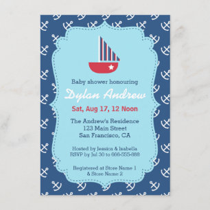 Invitation Elégant Ancre de voilier baby shower bleu nautique