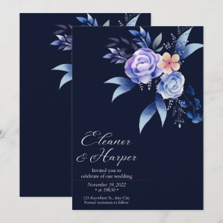 Invitation élégant angle peony wreath marine bleu mariage
