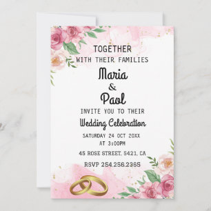 Invitation Élégant anneaux rose floral et or mariage invitat