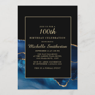Invitation Elégant Anniversaire 100 ans Bleu Nuit Agate Or Ma