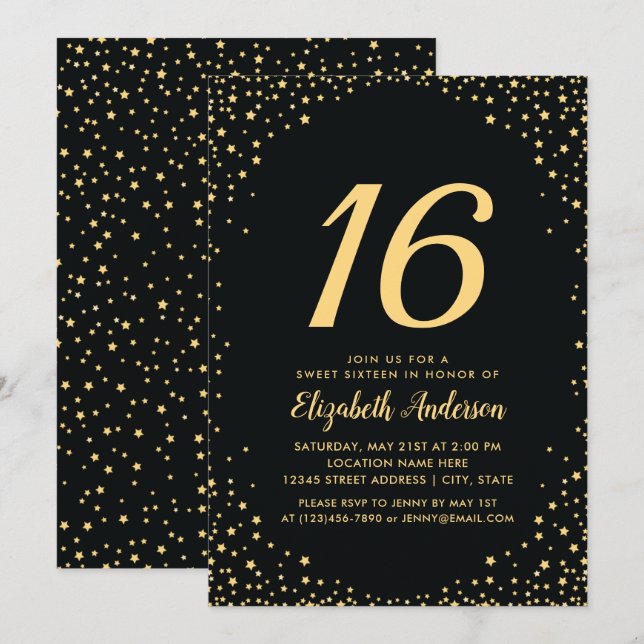 Invitation Élégant Anniversaire 16 Ans Noir et Or Étoiles (Devant / Derrière)