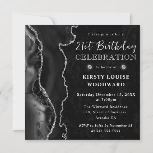 Invitation Elégant Anniversaire 21 ans Paillettes Agate Noir 