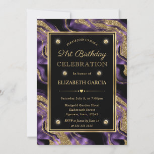 Invitation Élégant Anniversaire 21 Ans Paillettes Agate Viole