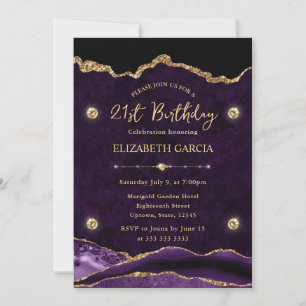 Invitation Elégant Anniversaire 21 ans Paillettes Agate Viole
