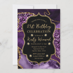 Invitation Elégant Anniversaire 21 ans Paillettes Violet et O