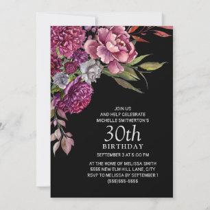Invitation Elégant Anniversaire 30 ans Fleurs Rose Violet Noi