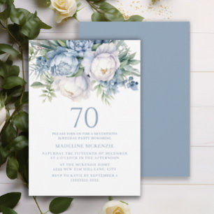 Invitation Elégant Anniversaire 70 Ans Bleu Poussiéreux Flora