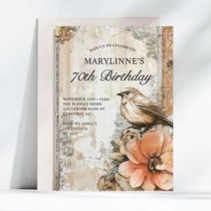 Invitation Elégant Anniversaire 70 ans Floral Oiseaux Vintage
