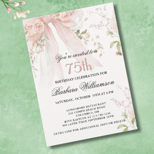 Invitation Élégant anniversaire 75 ans floral rose aquarelle
