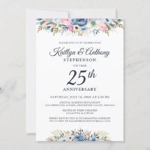 Invitation Elégant Anniversaire Aquarelle Floral Blue Gold