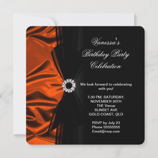 Invitation Elégant Anniversaire Brûlé Orange Soie Look Noir 2 (Devant)