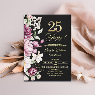 Invitation Élégant Anniversaire de Mariage Fleurs Or 25 ans
