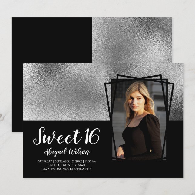 Invitation Elégant anniversaire de sweet sixteen noir argent  (Devant / Derrière)