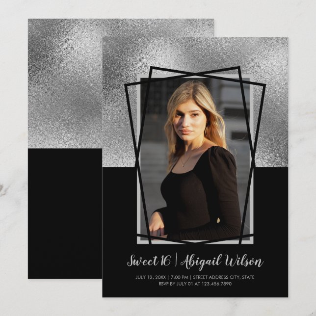 Invitation Elégant anniversaire de sweet sixteen noir argent  (Devant / Derrière)