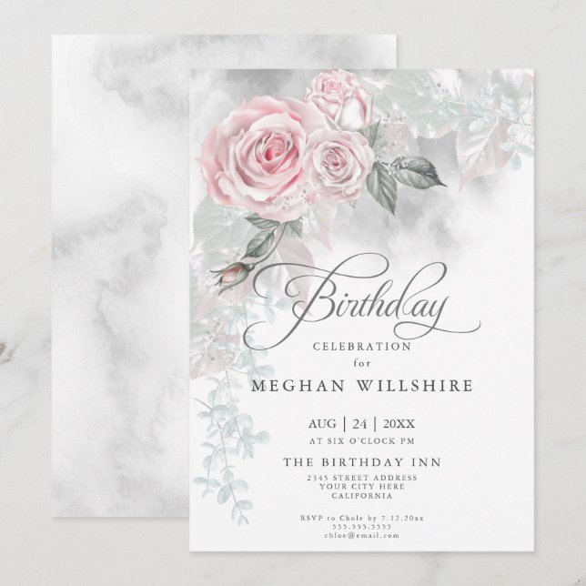 Invitation Elégant Anniversaire Elégant Aquarelle Roses Rose (Devant / Derrière)