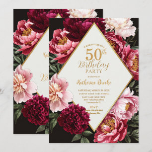 Invitation Élégant Anniversaire Floral Bourgogne et Rose