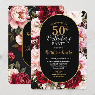 Invitation Élégant Anniversaire Floral Bourgogne et Rose Pâle
