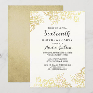 Invitation Elégant Anniversaire Floral Doré Vintage 16 Ans