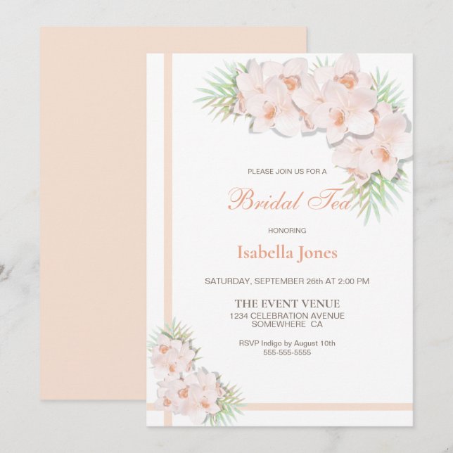 Invitation Elégant Apricot Orchid Floral Thé nuptial (Devant / Derrière)