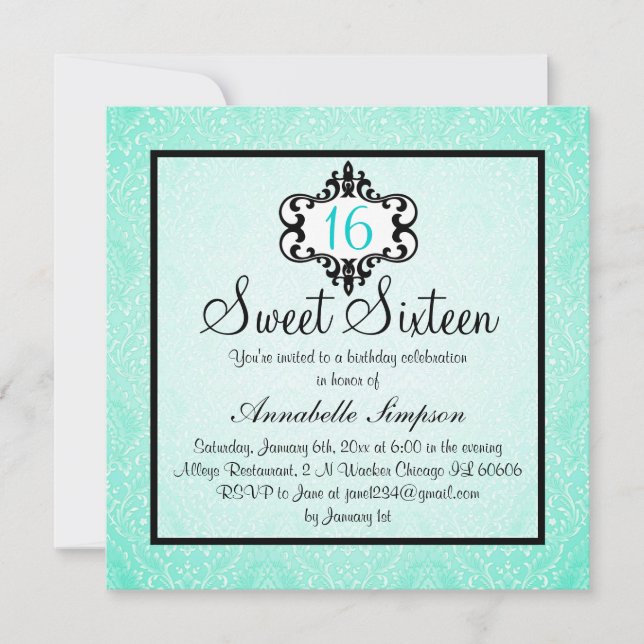 Invitation Elégant Aqua & Black Chic Damask Sweet 16 Invitati (Devant)