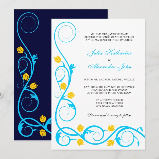 Invitation Elégant Aqua Blue et Yellow Swirls (Devant / Derrière)