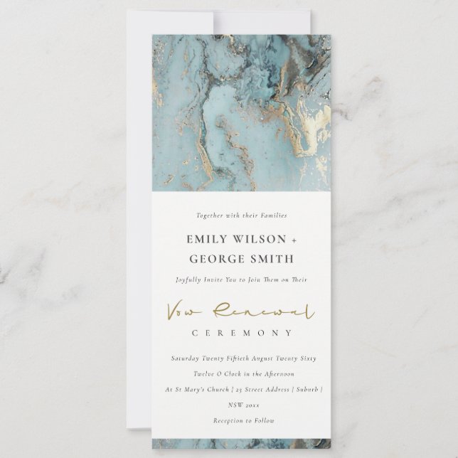 INVITATION ÉLÉGANT AQUA DUSKY BLUE GOLD AGATE VOW RENOWAL (Devant)