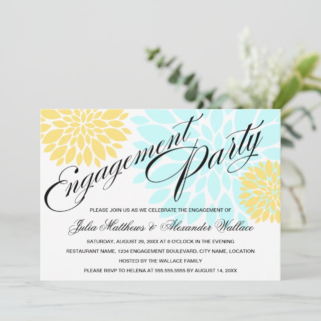 Invitation Elégant Aqua Jaune Fleur éclat de la partie d'enga (Debout devant)