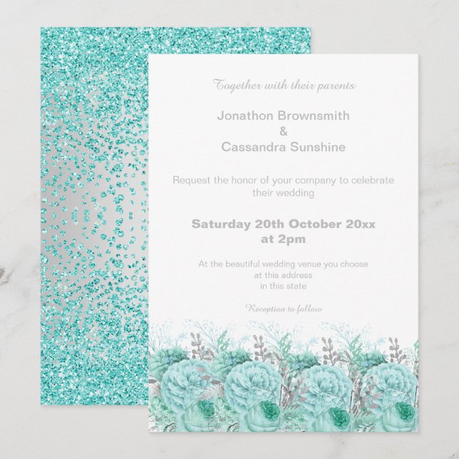 INVITATION ÉLÉGANT AQUA PARTIES SCINTILLANT ARGENT MARIAGE FL (Devant / Derrière)